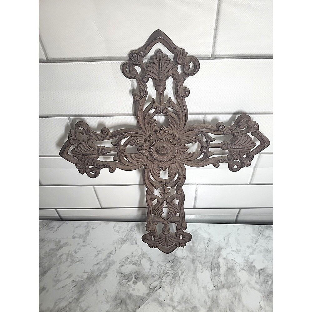 Cast Iron Cross Wall Decor Weathered Rustic 15x12" Ornate Easter Crucifix - Picture 2 of 5